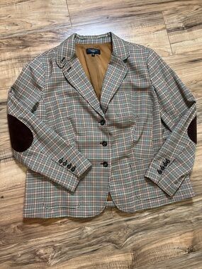 Talbots Brown Multi Plaid Blazer with Brown Elbow Patches Sz 16W